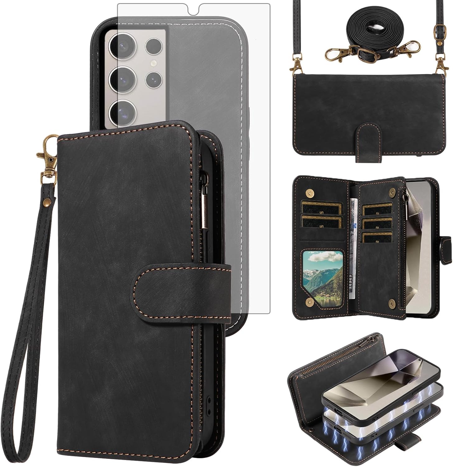 Asuwish Phone Case for Samsung Galaxy S24 Ultra 5G Zipper Wallet Detachable Magnetic Cover with Tempered Glass Screen Protector Crossbody Lanyard Card Holder Slot S24Ultra 24S S 24 24Ultra Girls Brown