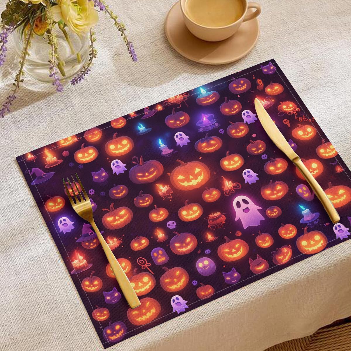 Set de table Halloween réutilisable contre les taches de repas lot de 6 lavable orange