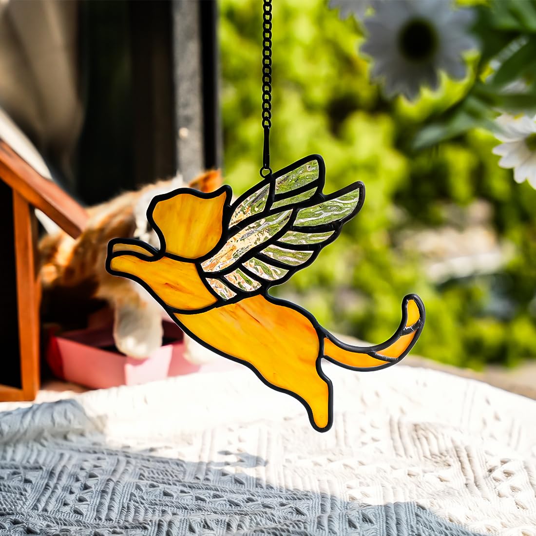 BOXCASA Angel Cat Memorial Gifts Stained Glass Window Hanging,Orange Cat Themed Gifts for Women,Pet Loss Memorial Gift,Stained Glass Suncatcher for Window