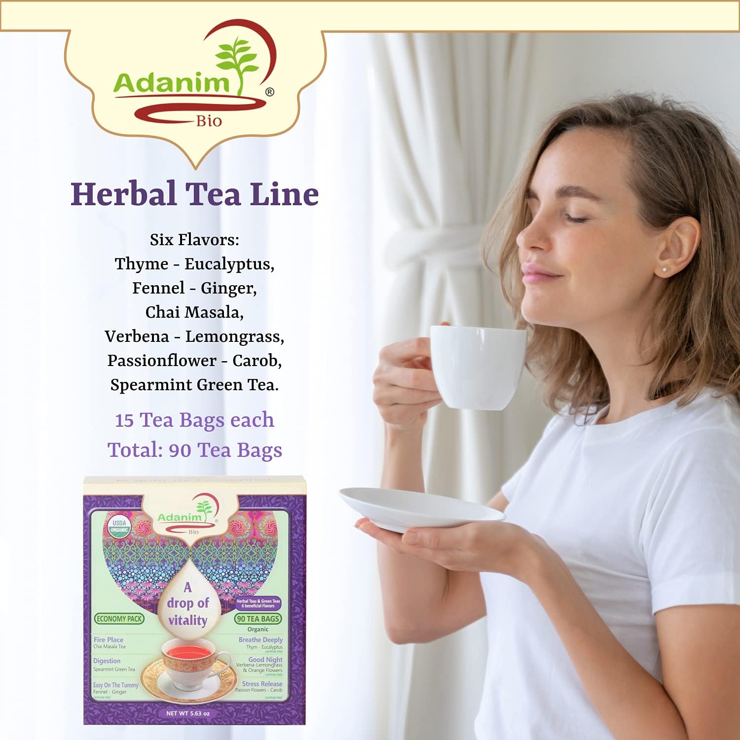 Adanim Bio A Drop of Vitality Organic Tea Sampler Variety Pack Gift Box Assorted Flavors of Green & Herbal Tea Gift Set Assortment 6 Flavors 90 Individually Wrapped Tea Bags Kosher Holiday Gifts