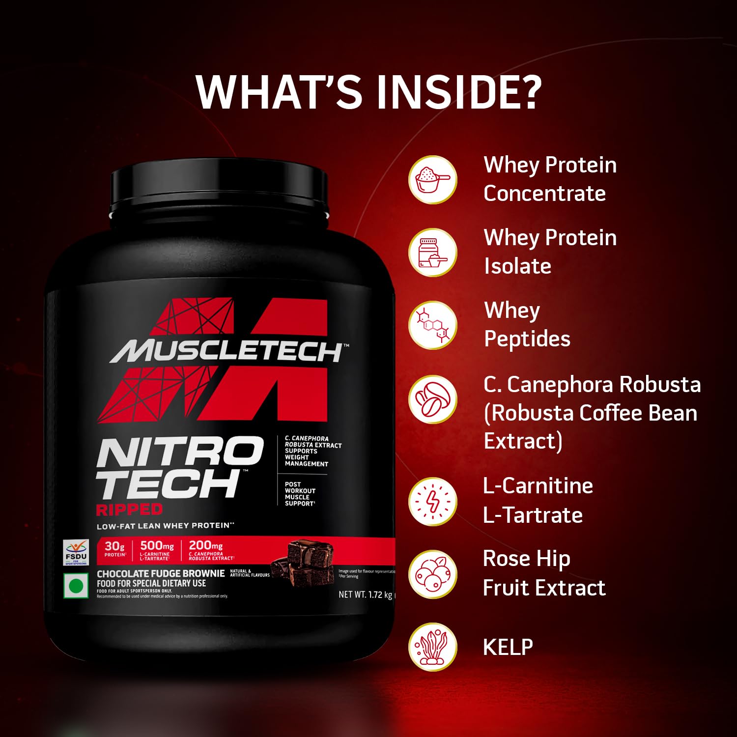 MuscleTech Nitrotech Ripped,1.72 Kg (3.8Lbs),Chocolate Fudge Brownie,Low Fat Lean Whey Protein,+ Weight Management,30 G From Whey Protein,500 G (L-Carnitine & L-Tartrate),200 Mg C,41 Servings — Amazon image 4