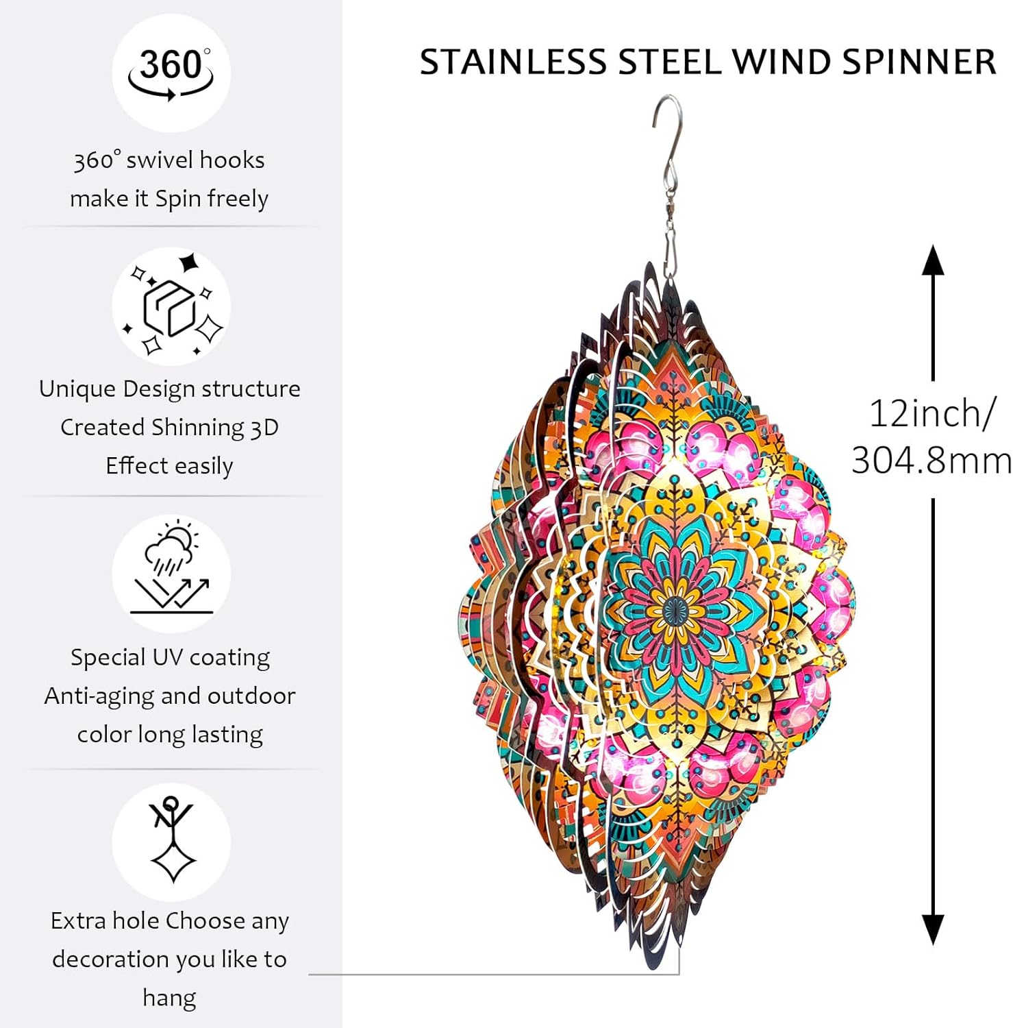 Aoedelyart Wind Spinners Outdoor Mandala Lucky Star,Laser Cut Metal Kinetic Art Wind Spinner Gift for Christmas,12In Stainless Steel Hanging Yard&Garden 3D Wind Sculpture Decorations Indoor Spinners
