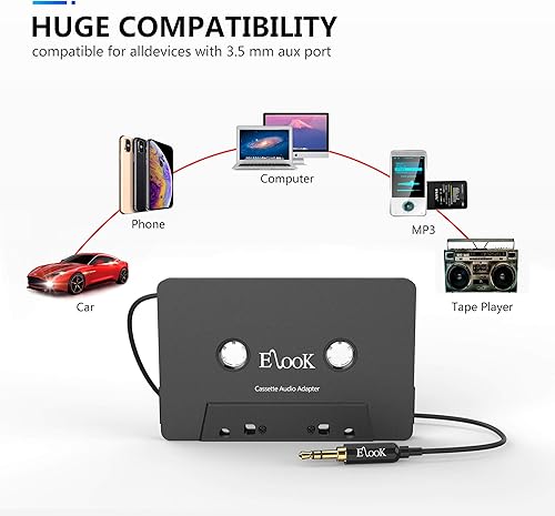 Miniatura 6 de Elook Kit de adaptador auxiliar de casete para coche, incluye un smartphone a adaptador de conector de auriculares de 0.138 in, color negro
