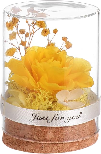 Yardwe Preserved Flower In Glass Dome Everlasting Forever Handmade Rose Galaxy Flower Artificial Flower Bonquets Valentines Day Gifts Yellow