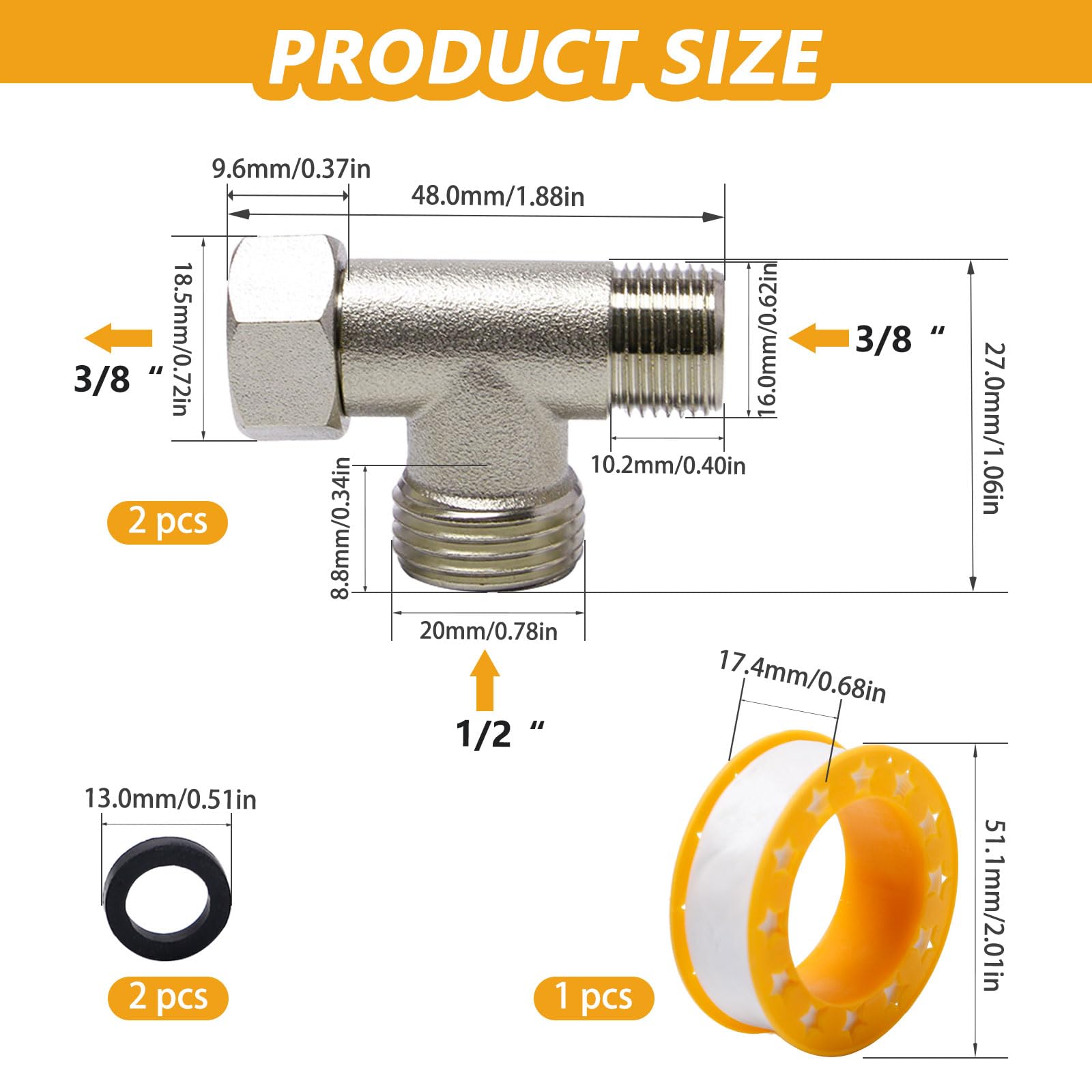 2 sztuki 3-drożnych zaworów łączących, adapter 3/8" 1/2", rozdzielacz do zaworów narożnych, 3-drożny, zawór przełączający 3/8 cala, rozdzielacz rozgałęźny, zawór przełączający z podkładką i