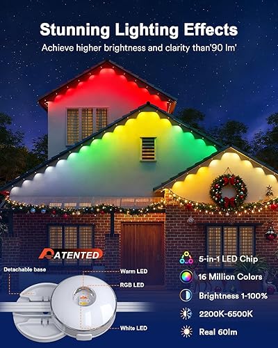 Miniatura 3 de Lumary RGBAICW - Luces permanentes para exteriores máximas, 105 pies con 80 luces LED de alero de 4800 lúmenes, iluminación inteligente para