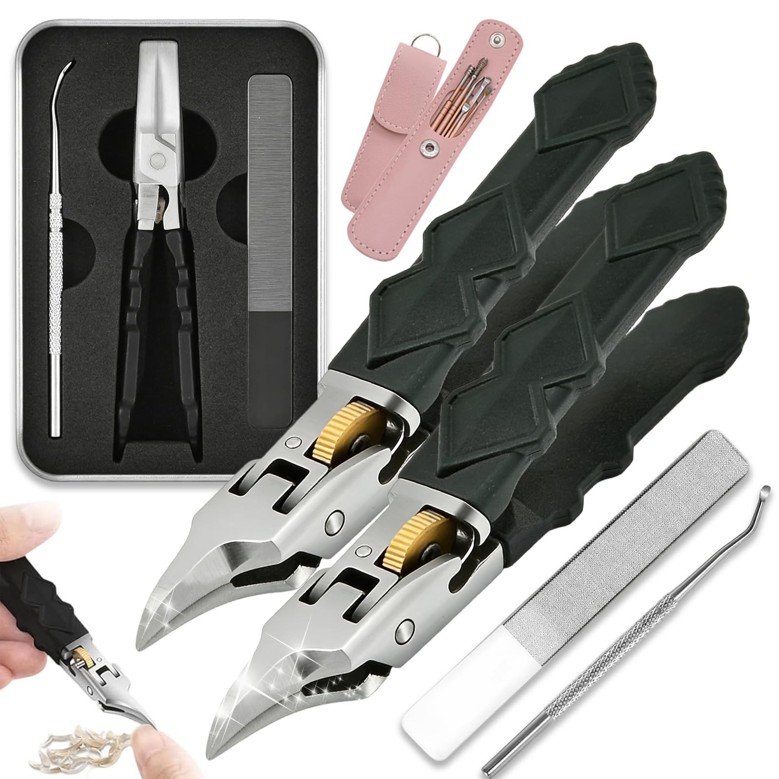3-teiliges schwarzes Anti-Rutsch-Griff-Zahnradschloss-Nagelknipser-Set mit ultrascharfen Spitzen für präzisen Zugriff auf Nagelrillen, Edelstahl-Nagelfräser, spritzwassergeschützt, für Senioren