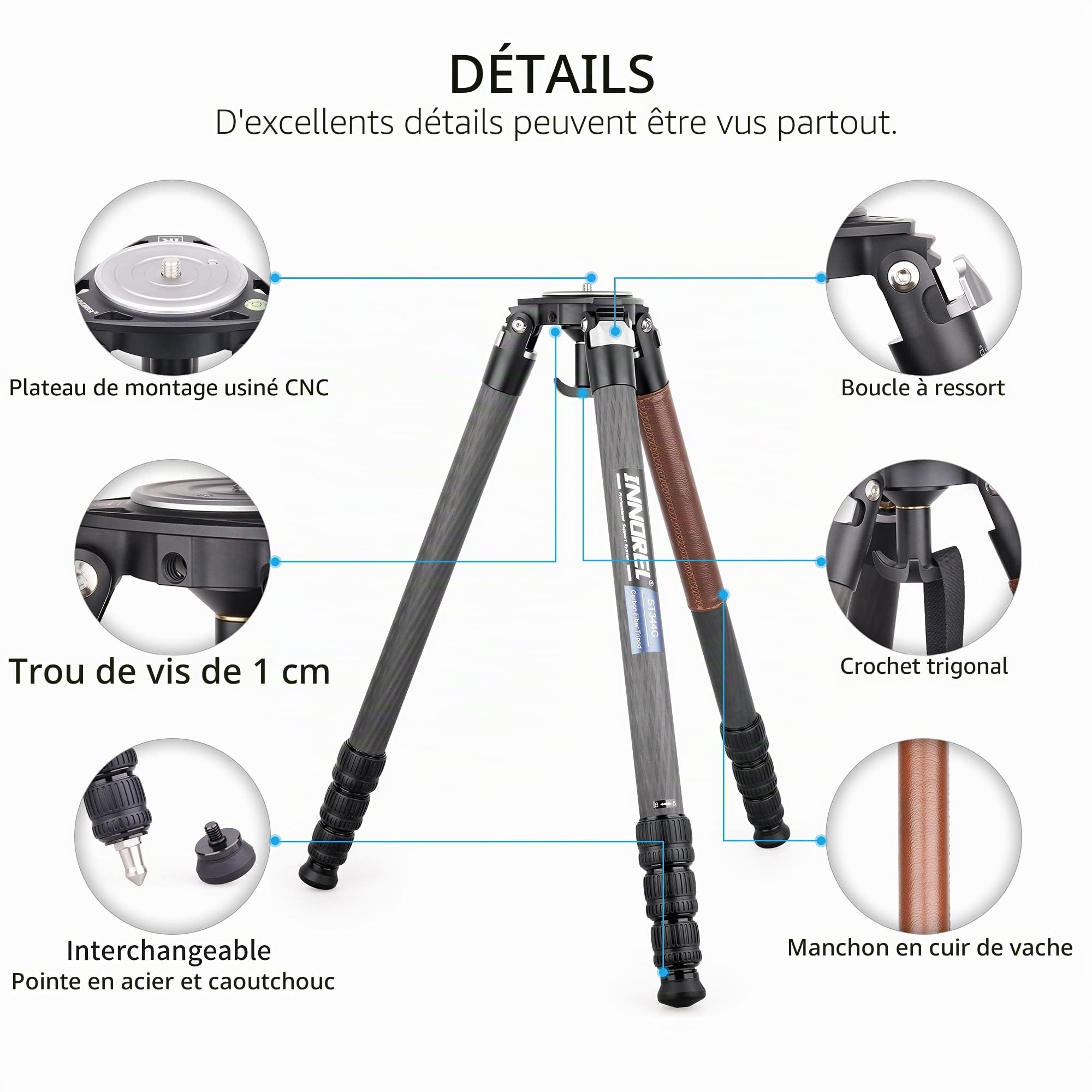 Carbon Fiber Tripod-INNOREL ST344C Professional Heavy Duty Camera Stand with 75mm Bowl Adapter Tube Leg 34.4mm, Max Load 77.2 lbs/35kg,Max Height 63 in/160cm for DSLR Travel Shooting No Mid-Column