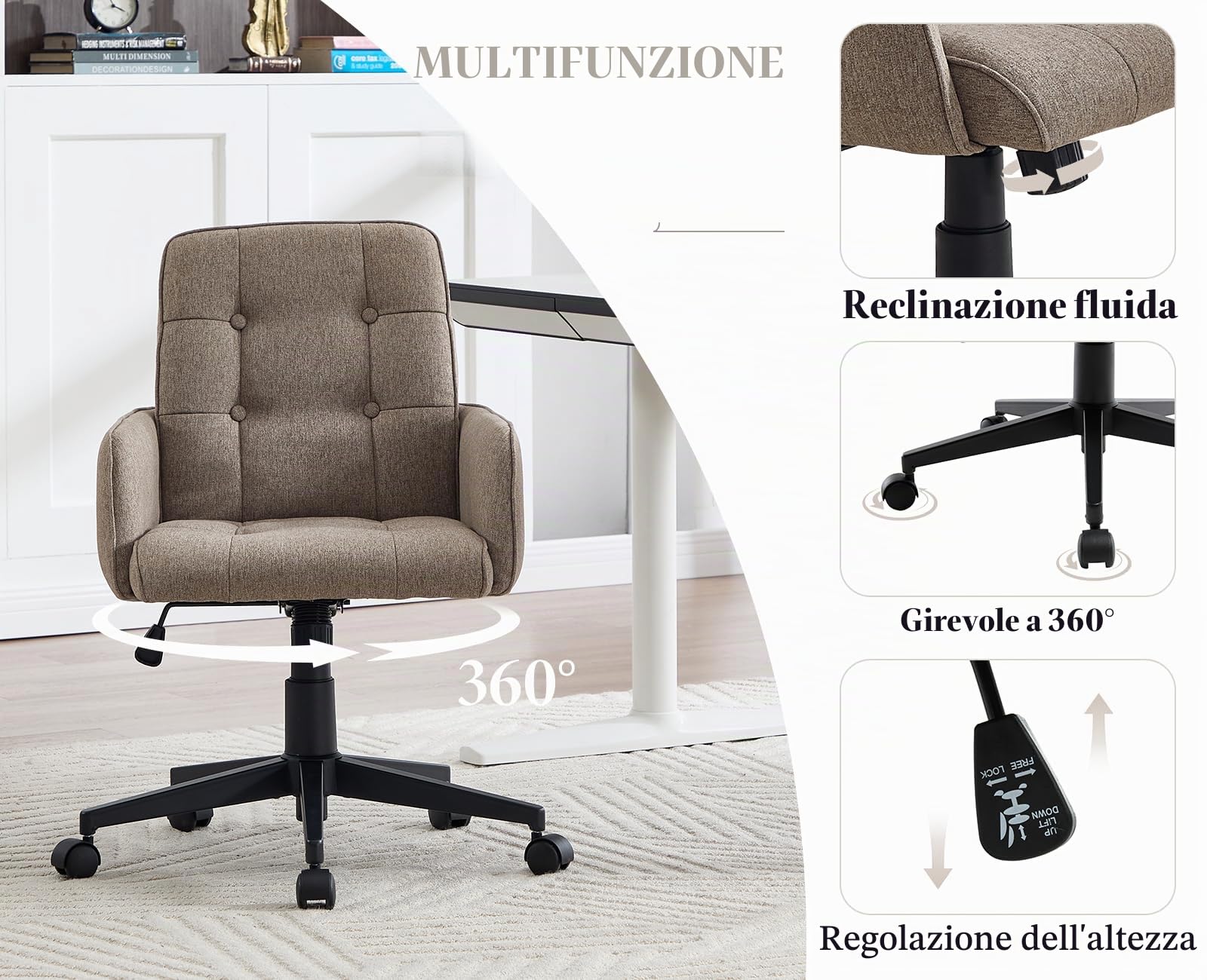 chairus Sedia da Ufficio Girevole con Ruote in Lino, Marrone | Sedie per Scrivania con Schienale Trapuntato Sedia Ufficio Altezza Regolabile con Braccioli per Ufficio/Studio/Trucco