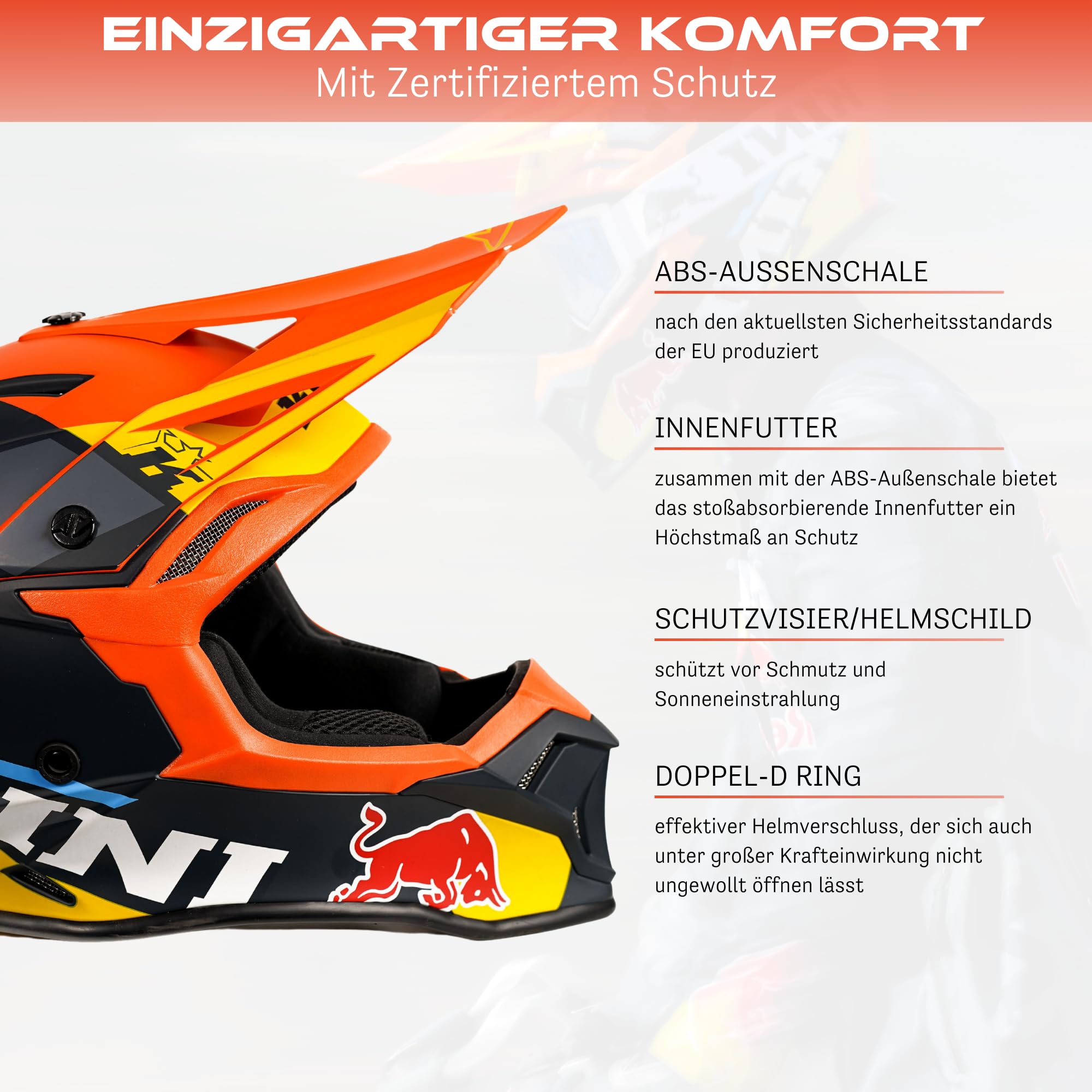 Kini Red Bull Motocross Helm Herren [Premium] Geprüfter Motorradhelm für Renneinsatz - Crosshelm als Enduro Helm Downhill Helm einsetzbar - Motocross Helm Brillenträger geeignet