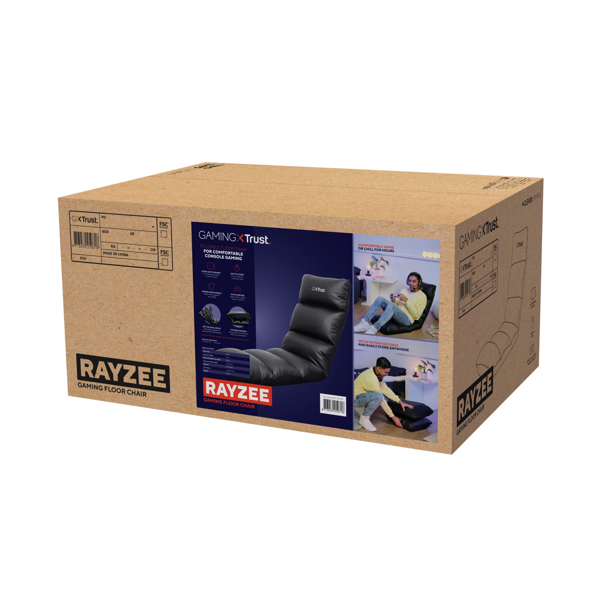 Trust Gaming GXT 718 Rayzee Klappbarer Gaming Stuhl, Bodenstuhl mit Rückenlehne für Konsolen-Gaming, bis 125 kg Belastbar, Sitzkissen mit Liegefunktion für Videospiele, Entspannung - Schwarz