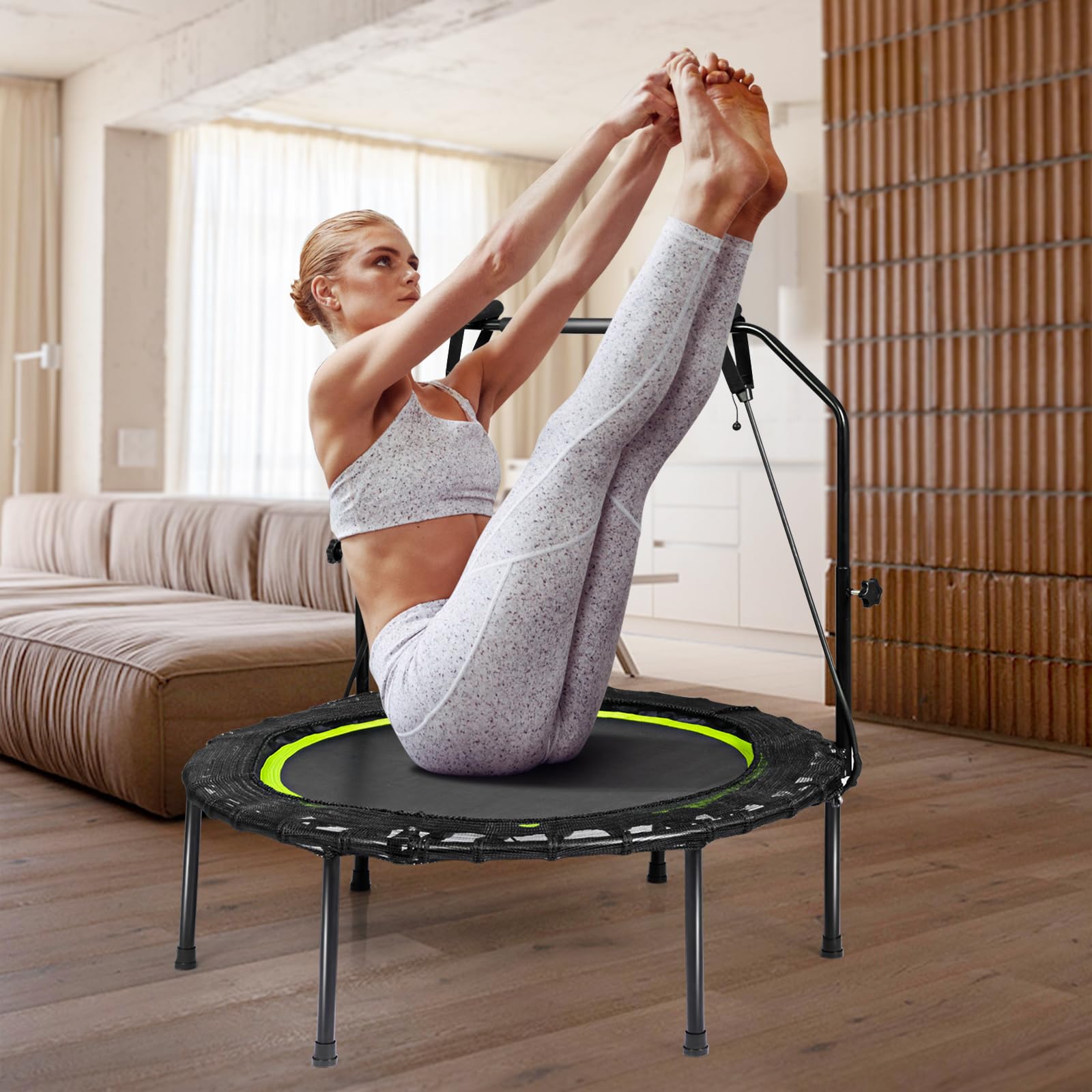 KOMFOTTEU Trampolino Fitness Ø101 cm con Carico di 150 kg, Trampolino Elastico con 2 Fasce di Resistenza e Manico Regolabile in 4 Livelli, Mini Trampolino di Rimbalzo Pieghevole per Adulti e Bambini