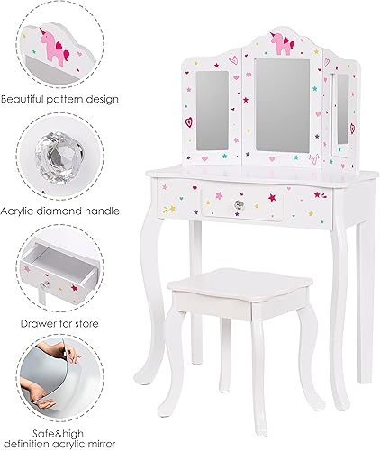 Miniatura 5 de UTEX Juego de tocador y silla para niños con espejo, tocador de maquillaje con cajón, color blanco