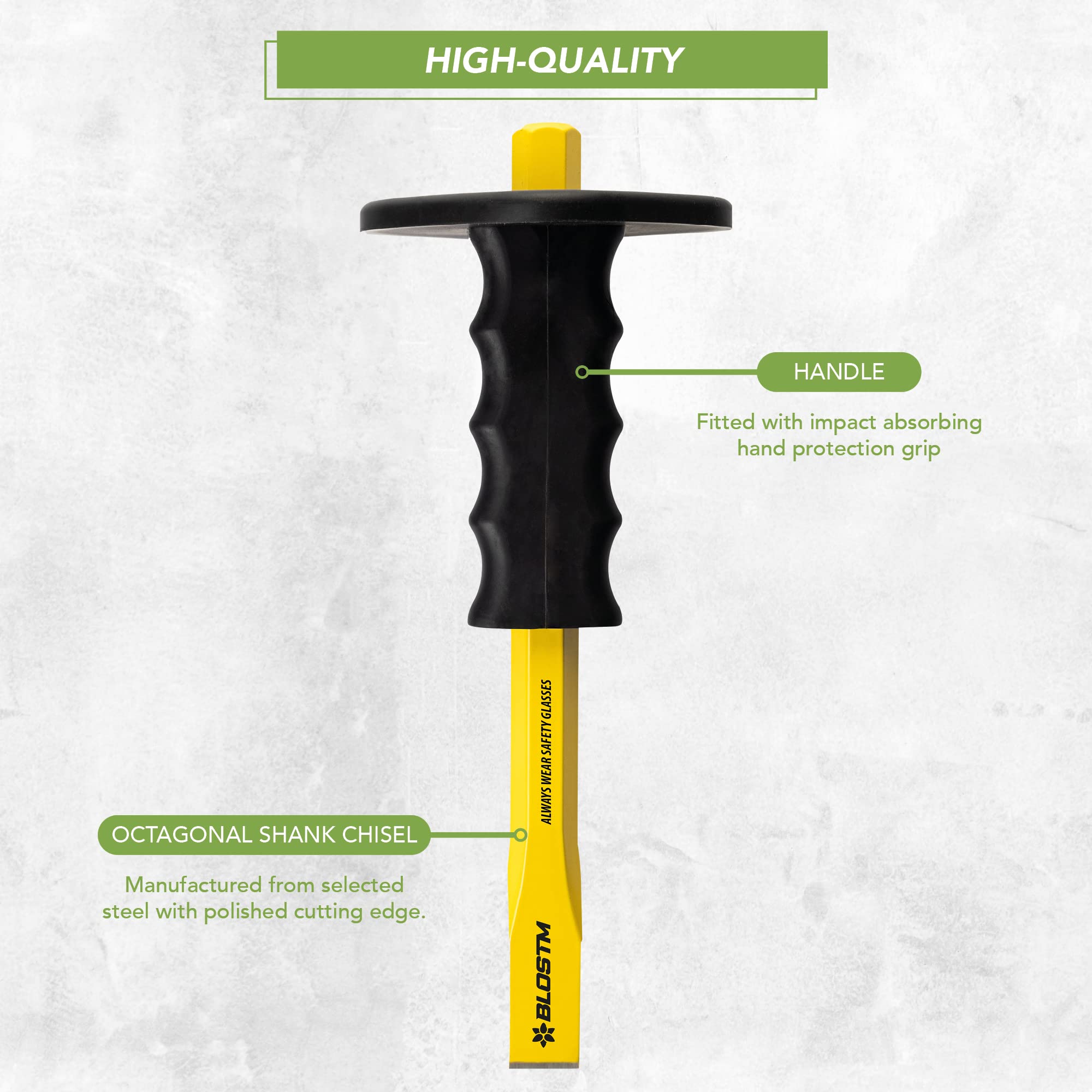 BLOSTM Cincel frío de vástago octogonal con protector de mano, 19 x 250 mm, cincel frío resistente hecho de acero de aleación de alta calidad, con agarre de mano absorbente de impactos