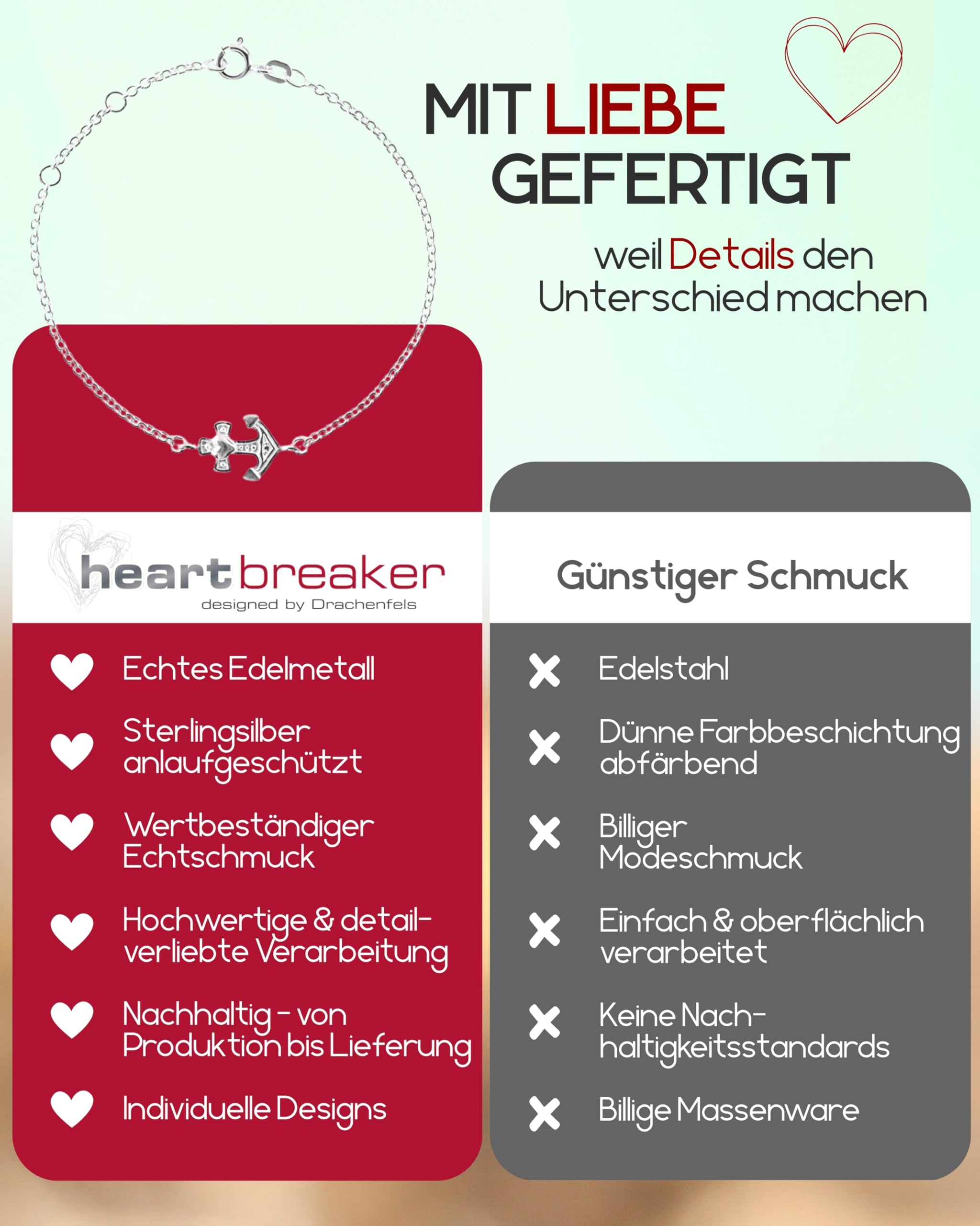 Heartbreaker "Glaube, Liebe & Hoffnung Armband I Damen-Armkette aus 925 Sterling Silber I Nickelfreies Armband mit Anker-Anhänger in Goldschmiedequalität I Silberarmband inkl. Verpackung I LD GLH 81