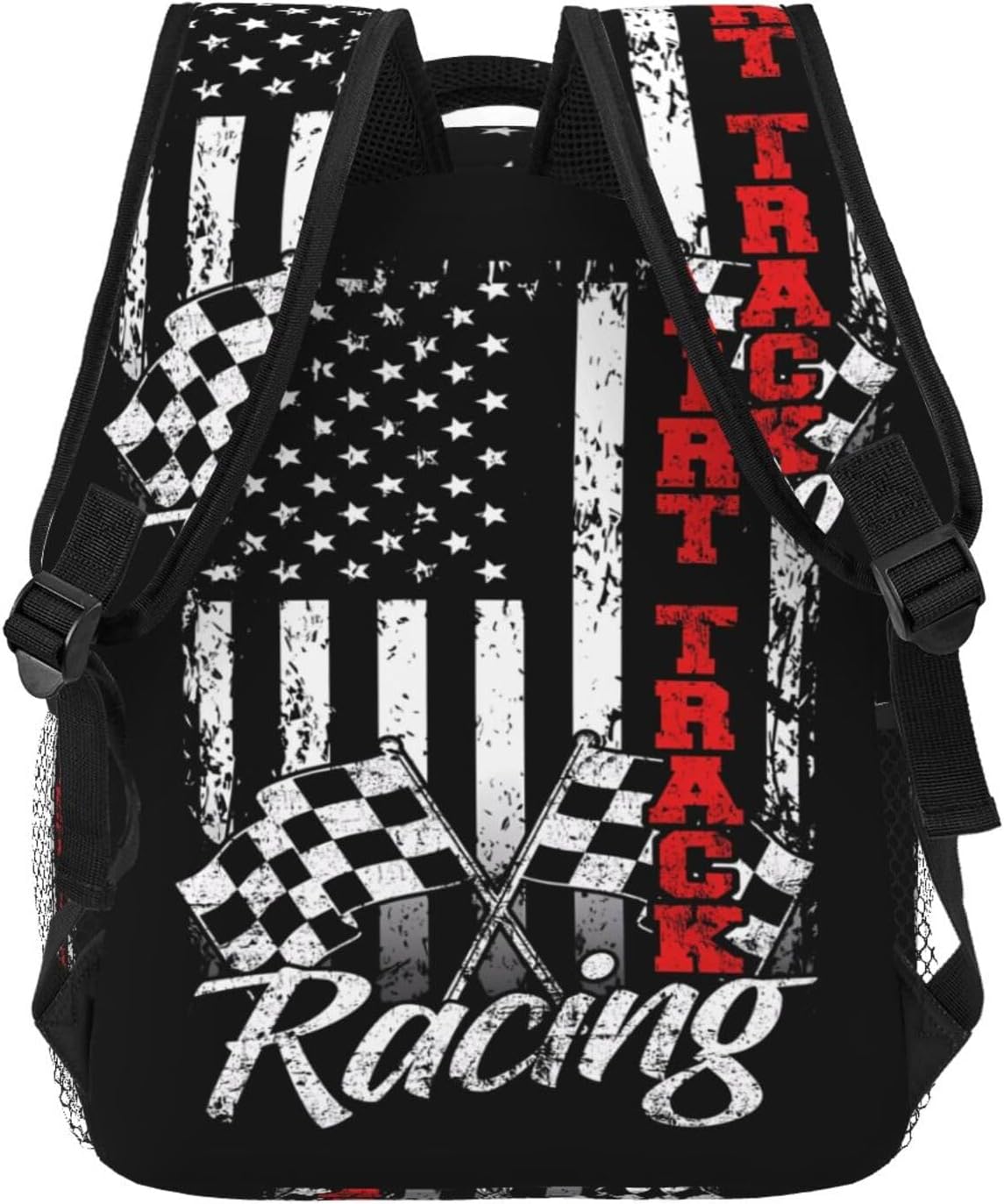 American Flag Dirt Track Racing Car Bike Driver Racer Laptop Backpacks Double Shoulder Laptop Pack Bag Daypack Back Pack Bags Rucksack Computer Bag with Side Pockets Front Zipper Pockets - Image 4