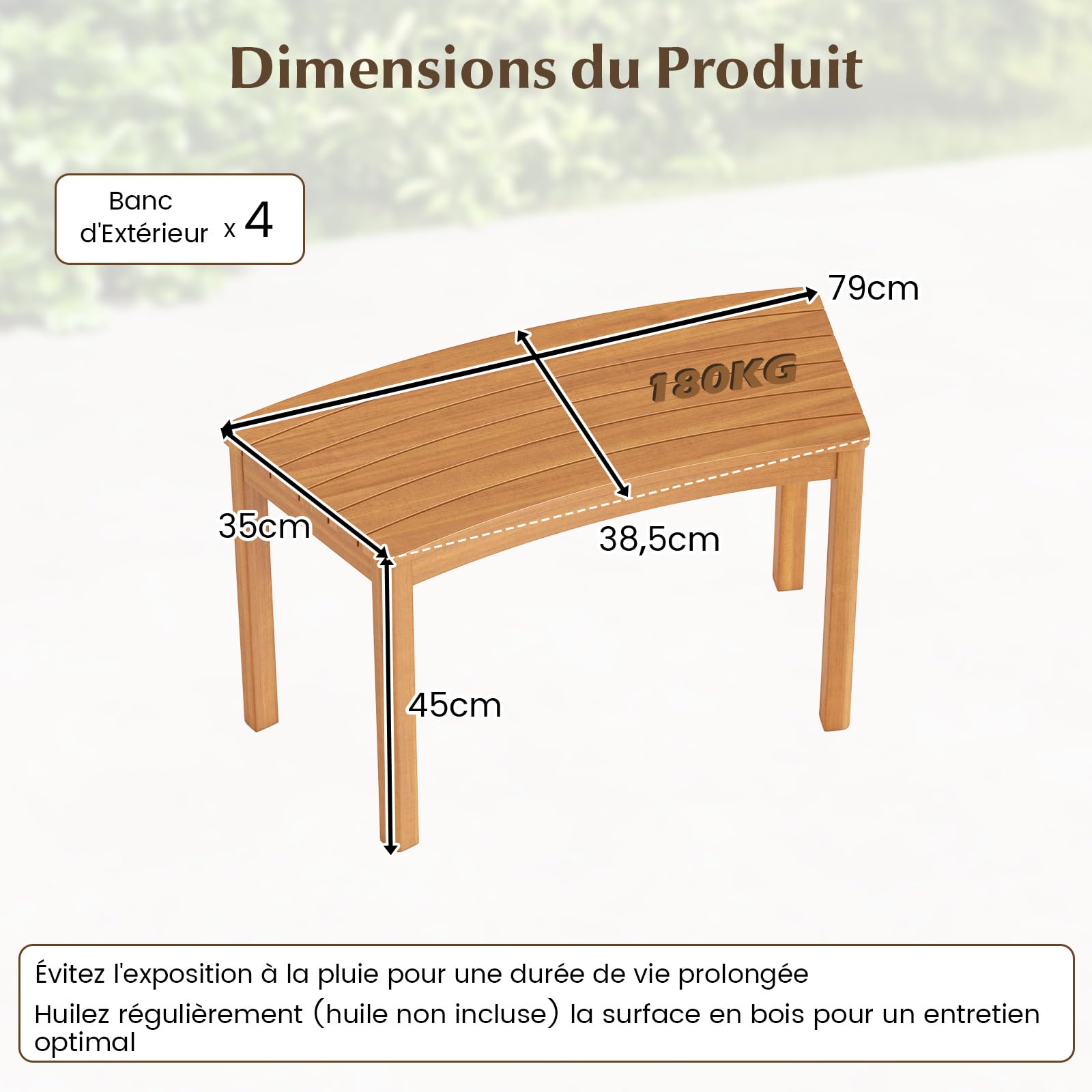 COSTWAY Lot de 4 Bancs de Jardin Incurvés en Bois d'Acacia, Banc Exterieur Jardin sans Dossier, Capacité de Charge 720 kg, Peinture DIY, Banquette pour Véranda, Terrasse, Piscine