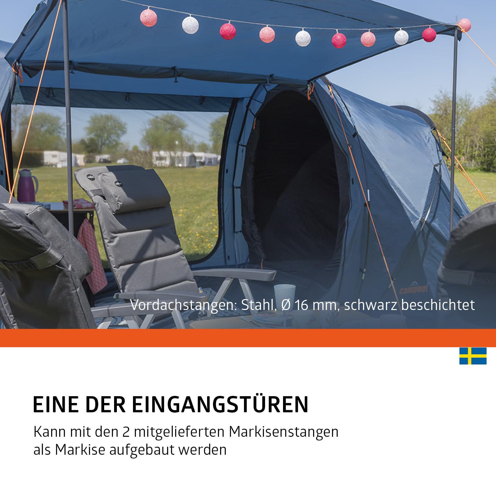 Campout 6-Personen Vis-à-Vis Kuppelzelt – 2 Schlafkabinen – 5000 mm Wassersäule – Wohnbereich – Aufbauzeit 15 Min – inkl. Vordachstangen, Heringen & Tragetasche