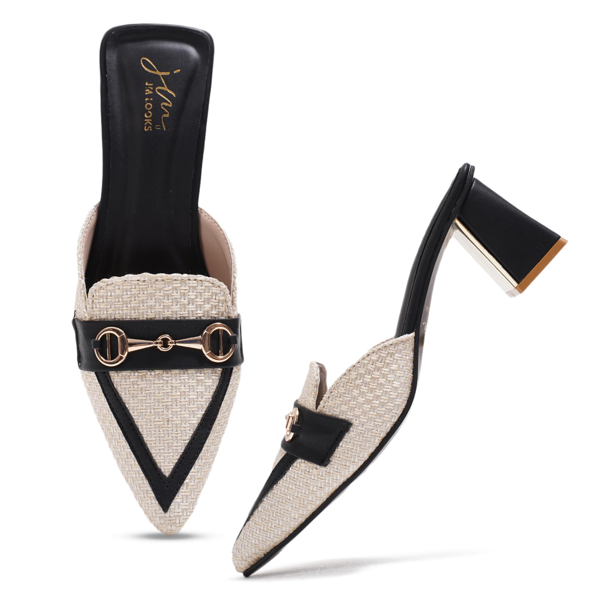 Women's Textured Pointed-Toe Mules with Gold Buckle & Block Heel – Elegant Weave Design-image-12