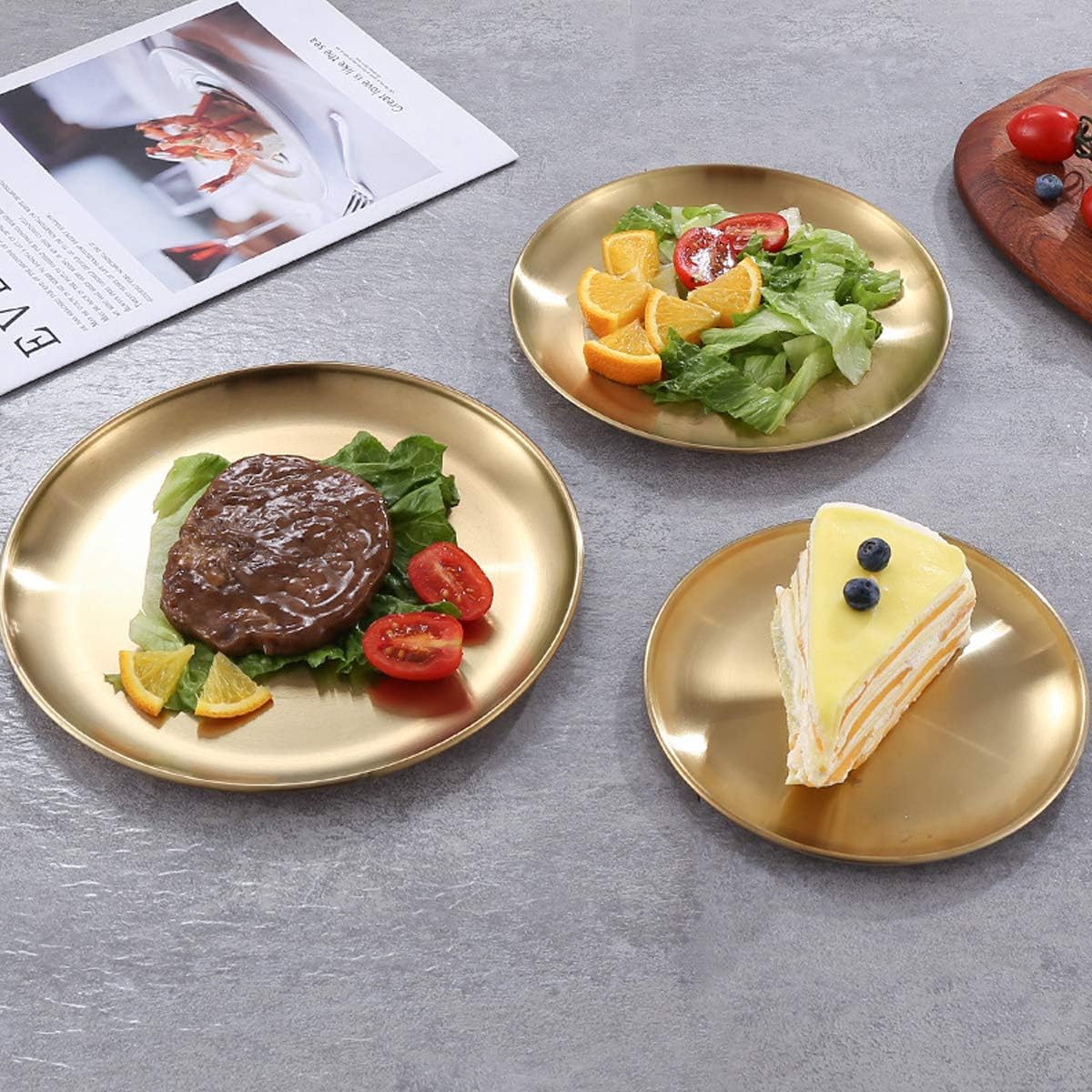Stainless Steel Gold Plates 2 Set Round Dinner Dishes 12 Inch Metal Plates Great for Picnic,Outdoor Camping Plate,Shatterproof Dishwasher Safe