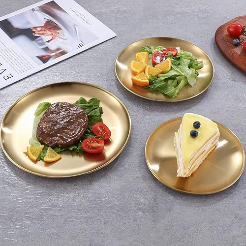 Miniatura 3 de AIYoo Platos dorados de acero inoxidable, juego de 2 platos redondos de metal de 10 pulgadas, ideales para picnic, platos de campamento al aire