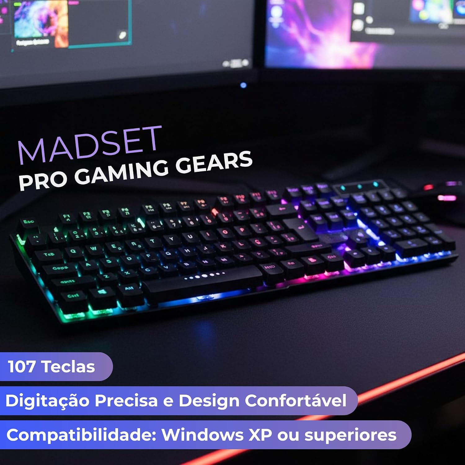 Teclado Gamer RGB Iluminado LED – Sensação Semi-Mecânica, Teclas Multimídia, Anti-Ghosting, Layout ABNT2 PT-BR com Tecla Ç, USB com Fio, Design Ergonômico e Resposta Rápida Teclado Gamer RGB Iluminado LED – Sensação Semi-Mecânica, Teclas Multimídia, Anti-Ghosting, Layout ABNT2 PT-BR com Tecla Ç, USB com Fio, Design Ergonômico e Resposta Rápida