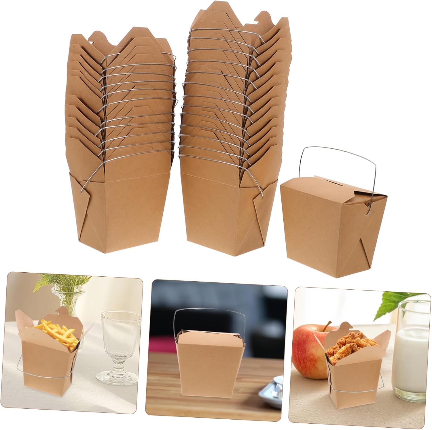 50Pcs Chinese Food Take Out Boxes with Wire Handles Paper Containers for Hot Cold Meals for Weddings Events Go Dining