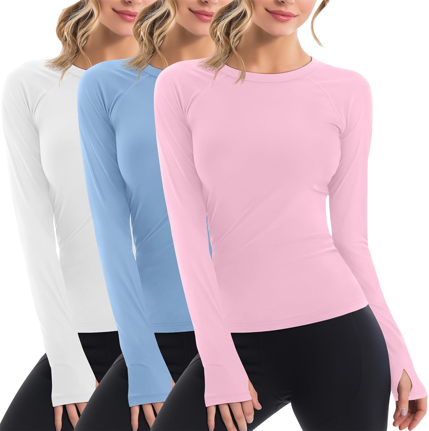 3 Pack Women's Workout Shirts Long Sleeve Raglan Slim Fit Crew Neck Athletic Yoga Basic Tops with Thumb Holes