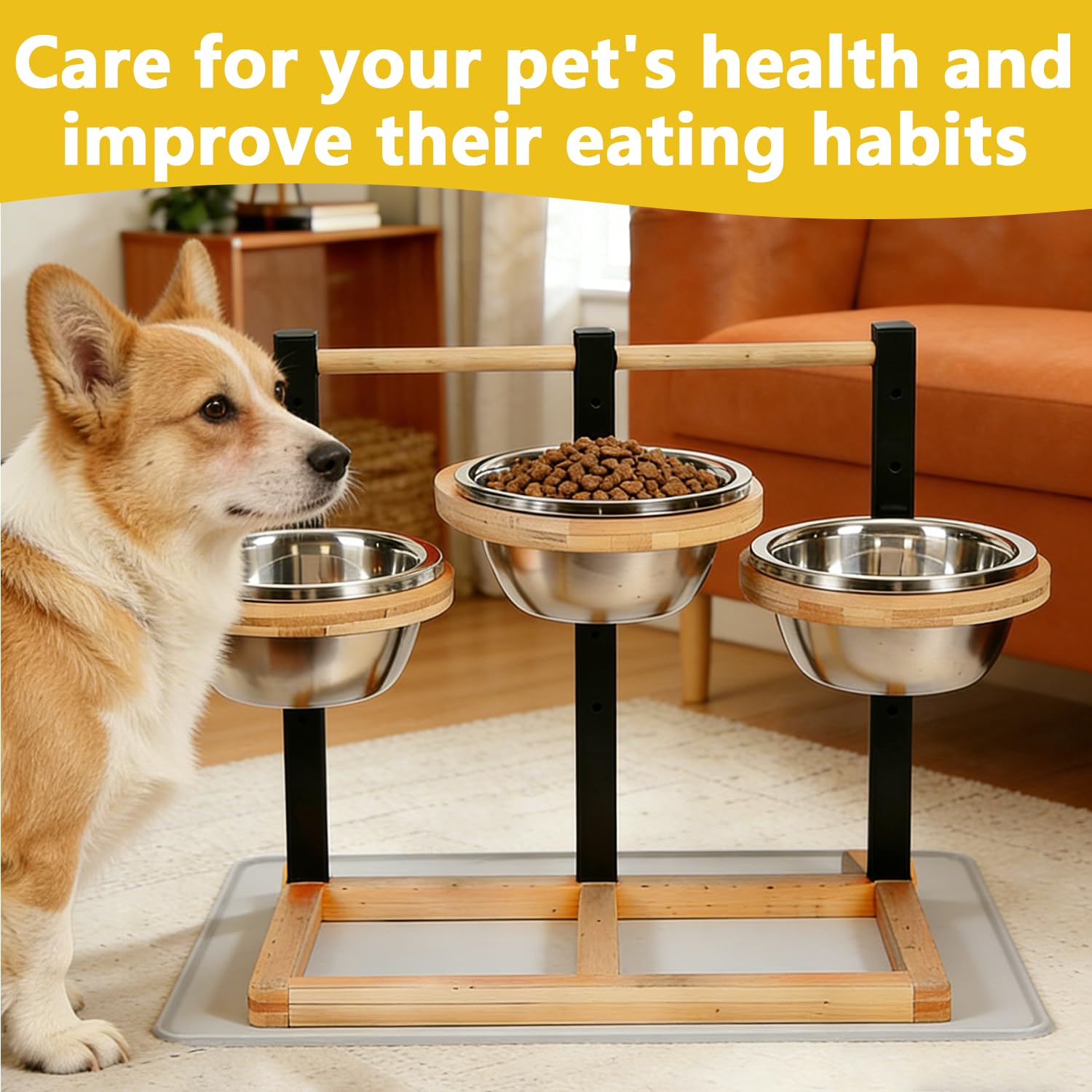 Comedero para perros elevado para perros, altura ajustable de madera, comedero para perros con 3 cuencos de acero inoxidable y alfombrilla a prueba de fugas, comedero mediano para perros grandes