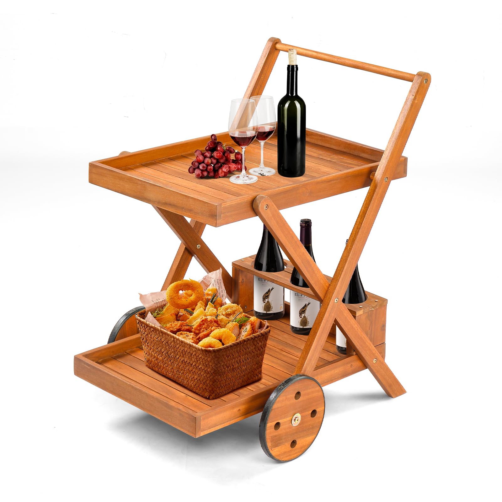 VINGLI 2-Tier Acacia Wood Bar Cart, Rolling Bar Carts with Wheels, Kitchen Serving Tea Cart for Plant Stand Indoor and Outdoor