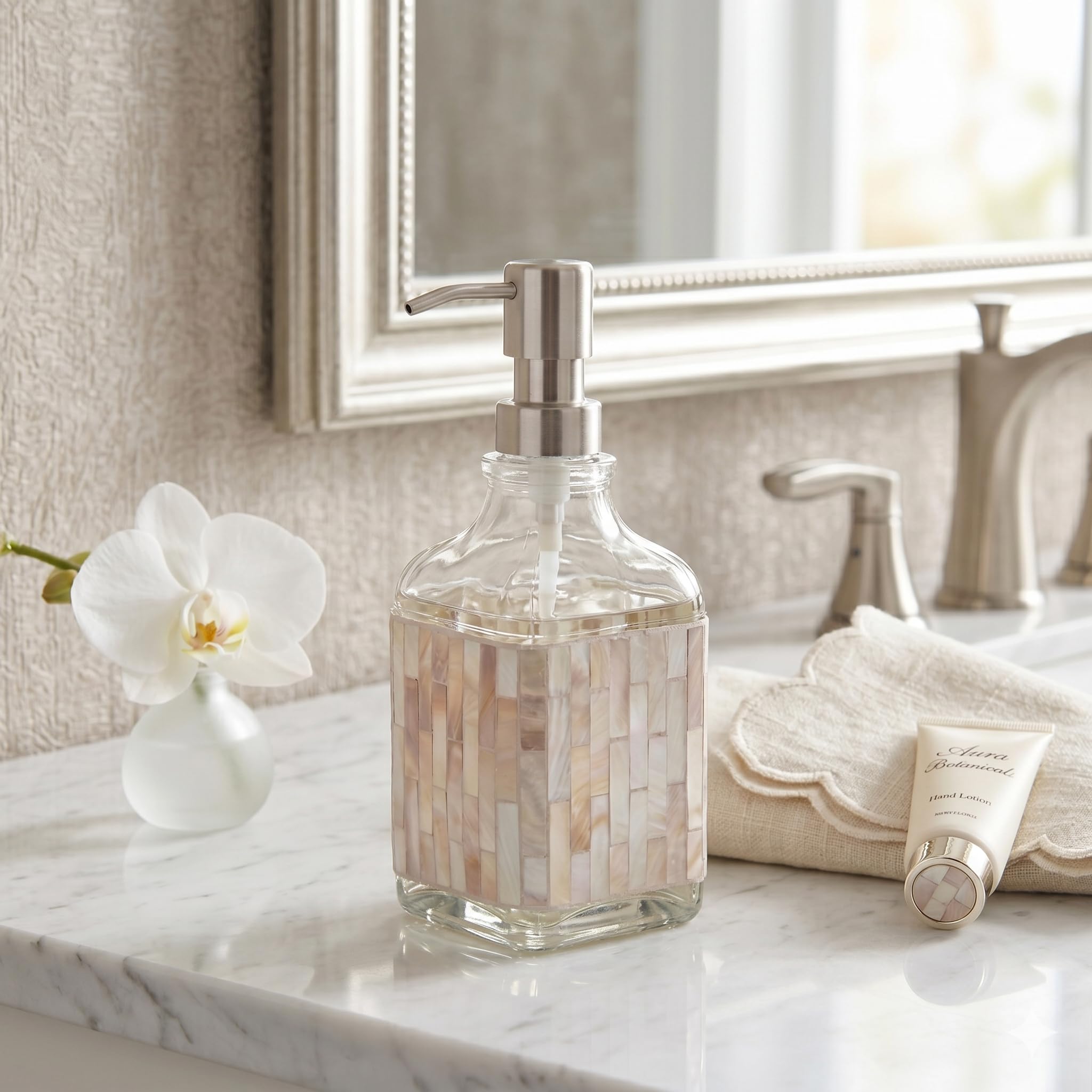 BOPPIE Dispenser di sapone artigianale in vetro mosaico, moderno dispenser di sapone per mani e piatti, per bagno/cucina, bottiglia di sapone liquido ricaricabile con pompa antiruggine in acciaio