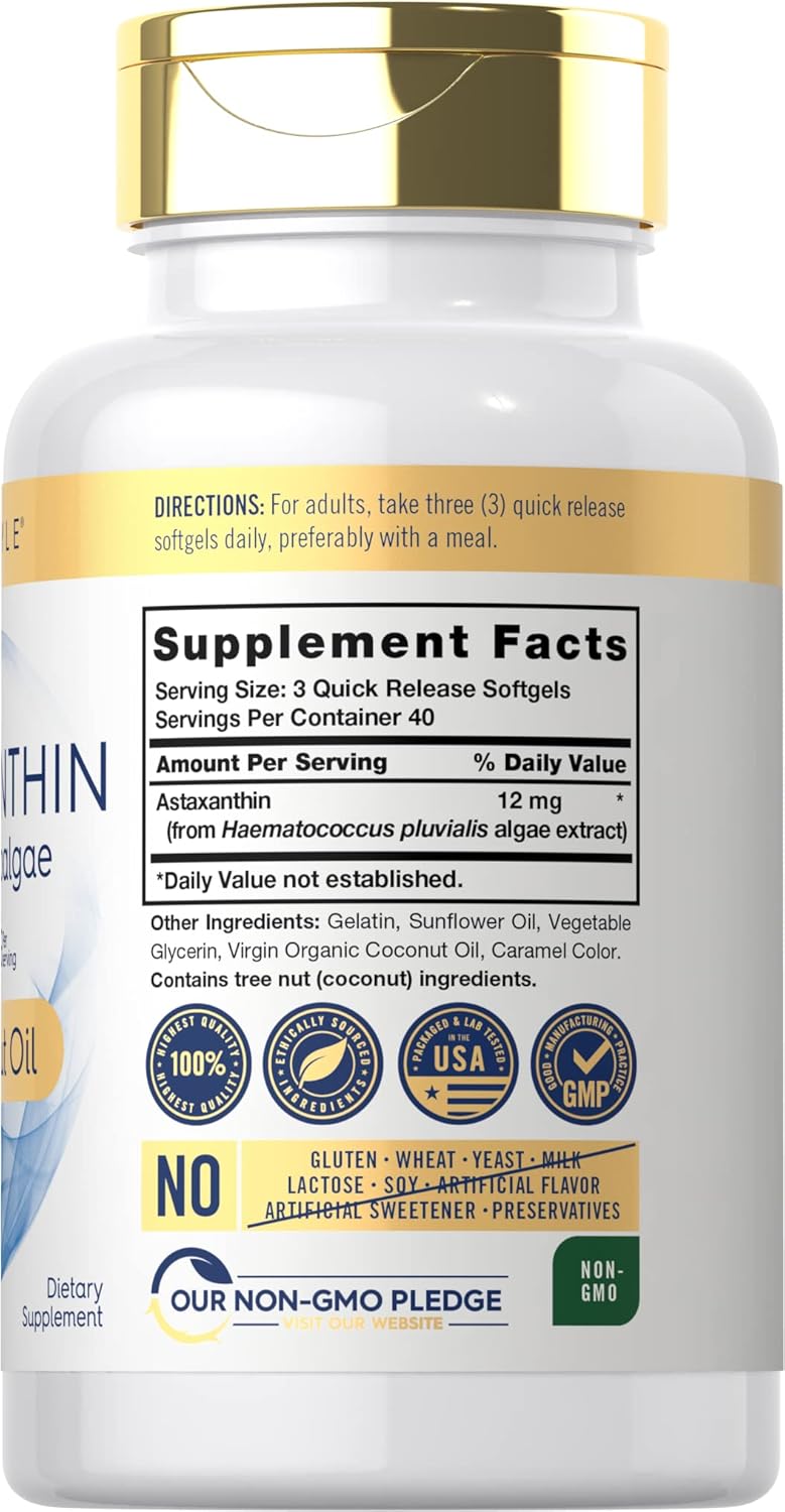 Carlyle Astaxanthin 12mg | 120 Softgels | Supplement from Microalgae | with Coconut Oil | Non-GMO & Gluten Free - Image 2