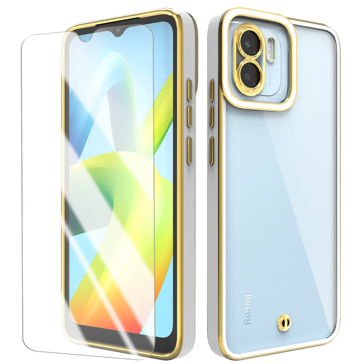 HTDELECCase for Xiaomi Redmi A1 4G + Screen Protector, Transparent Thin Mobile Phone Case Galvanised TPU Silicone Bumper Protective Case Cover for Xiaomi Redmi A1 4G - White