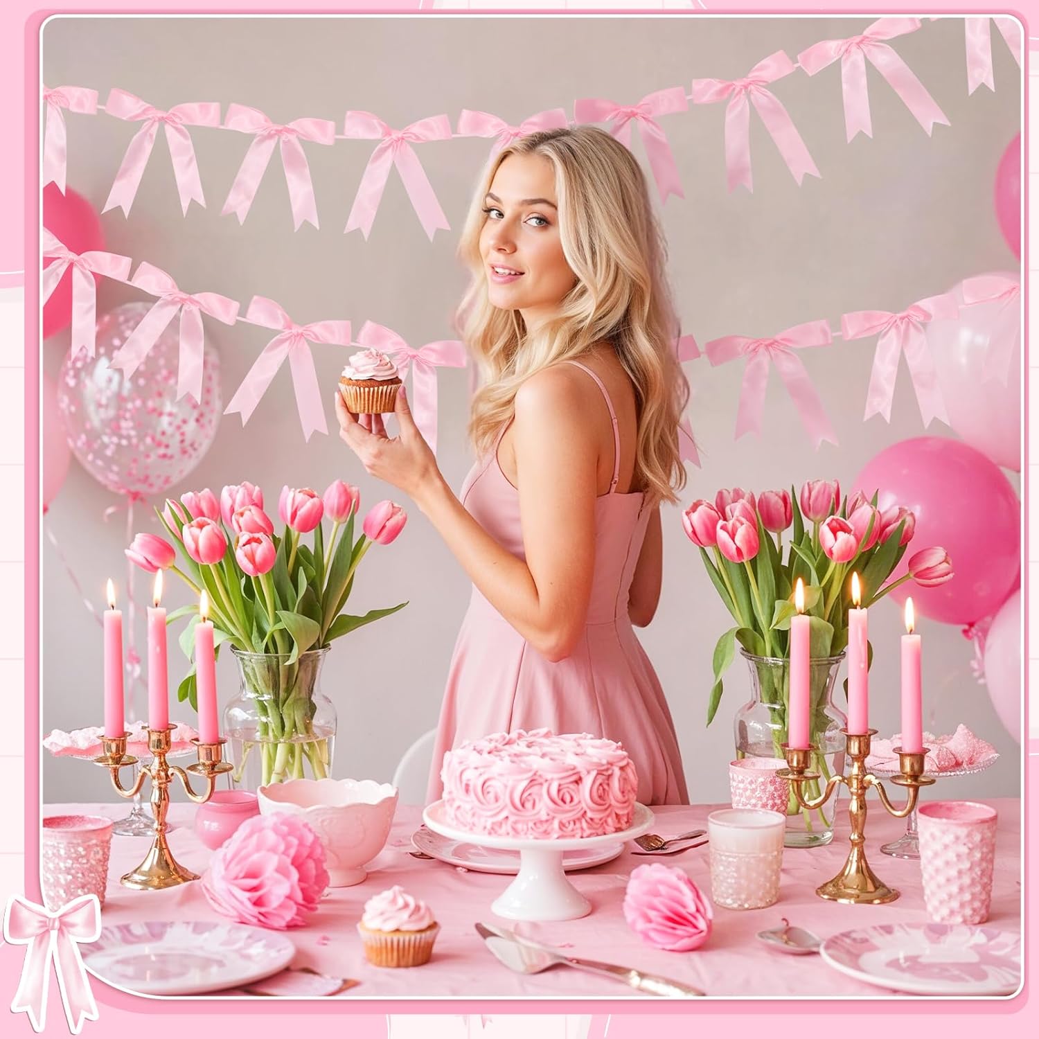 2 Pcs Pink Bow Garland Banner, Pink Satin Ribbon Valentines Day Decorations Pre-Strung Bow Garland Party Supplies for Classroom Decor Wedding Birthday Baby Shower - Image 5