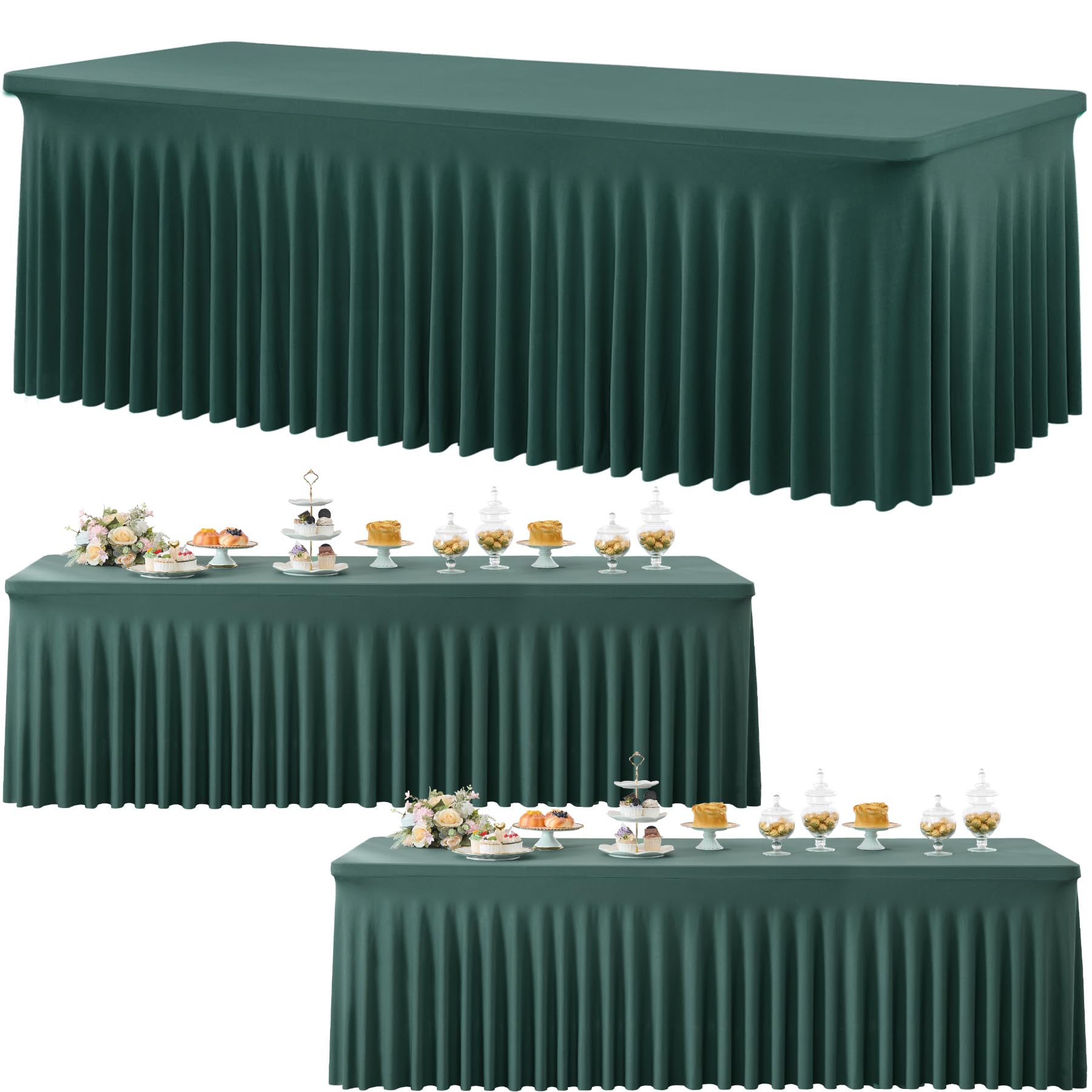 3 Pack Hunter Green Spandex Tablecloth for 8 Foot Rectangle Tables, Wrinkle Free Fitted Table Cloth Cover 8ft Green Stretchy Tablecloths with Skirt for Parties Weddings Birthday Banquet Baby Shower