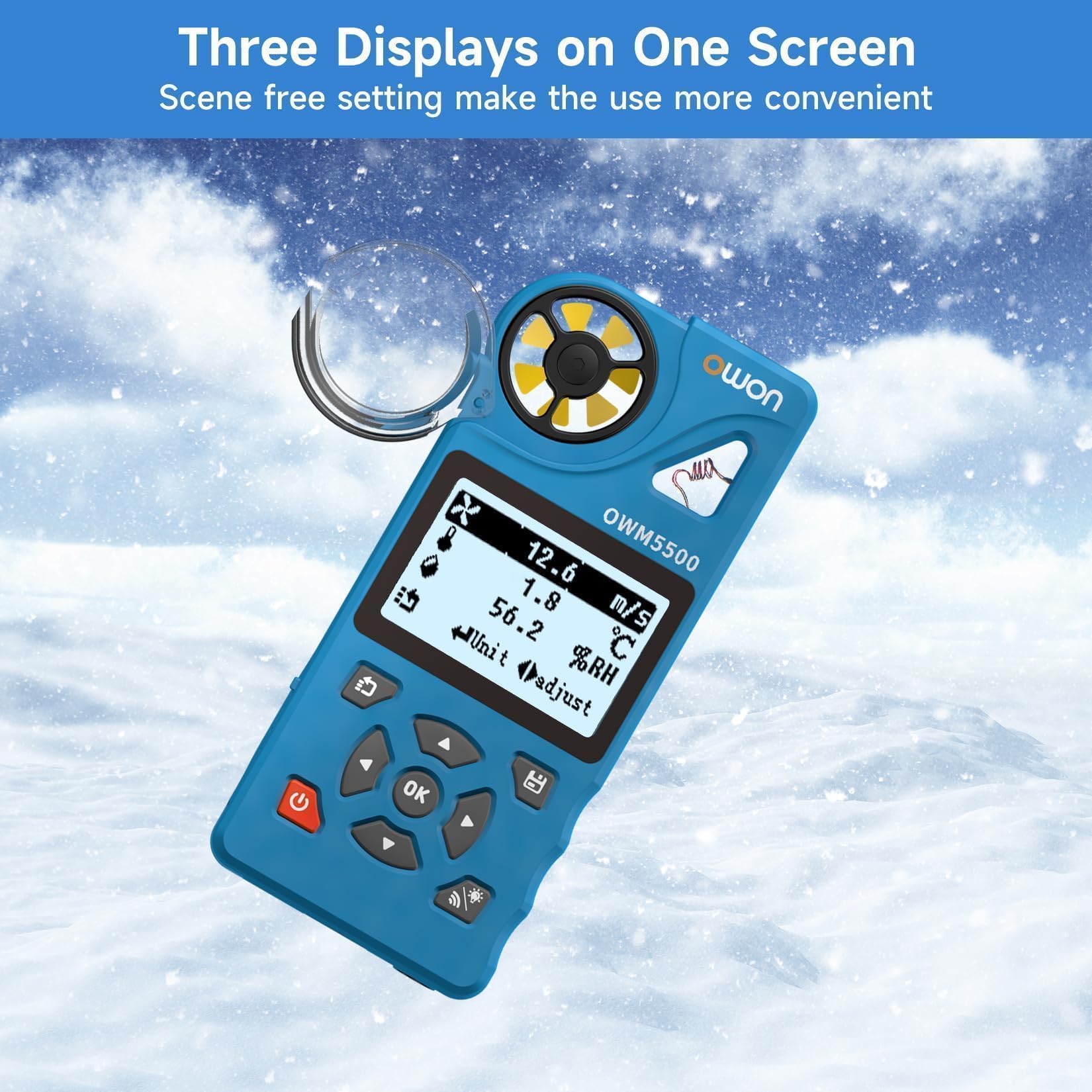 OWON Anemómetro Digital OWM5500: Herramienta HVAC portátil para el Flujo de Aire CFM, medición de la Velocidad del Viento, Temperatura y monitoreo de la Humedad con sincronización USB a PC.