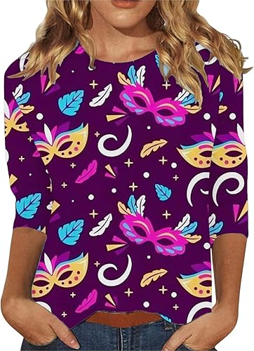 Mensch Sudadera con estampado de carnaval para mujer, camiseta gráfica de máscara de carnaval, camiseta de manga 34 para desfile, traje temático de