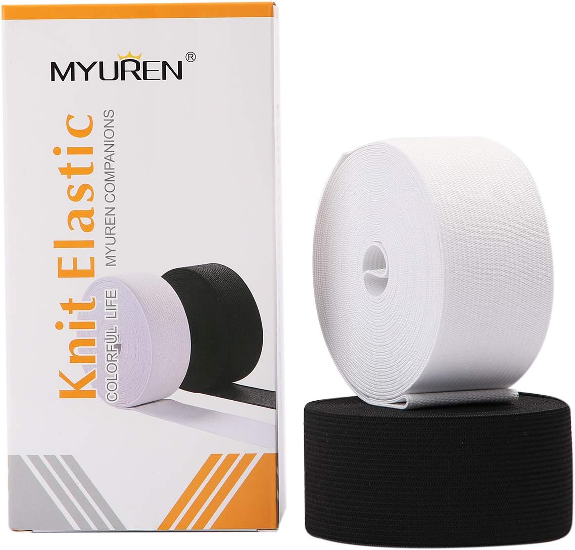 Elastic Band Material for Sewing 2 Inch Wide Braided Elastic Cord Pants Elastic Spool Heavy Stretch for Waistband 10 Yard (5 Yard White,5 Yard Black)