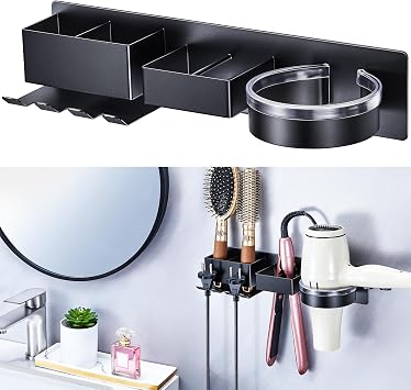 Hair Straightener Holder Wall Mounted, Blow Dryer and Curling Iron Holder, Hairdryer Holder for Bathroom, Adhesive Hair Dryer Holder Hair Tools Organizer with Plug Hook Storage Black
