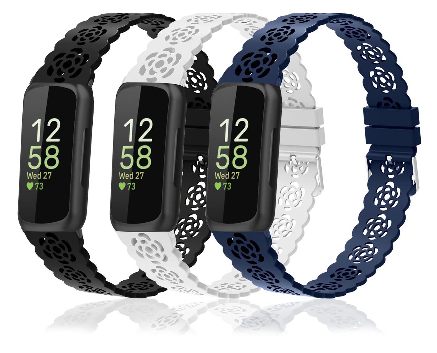 Nigaee 3 Pack Lace Silicone Bands Compatible with Fitbit Inspire 3/2/HR/Inspire, Adjustable Breathable Replacement Straps Soft Slim Silicone Wristbands for Women Men
