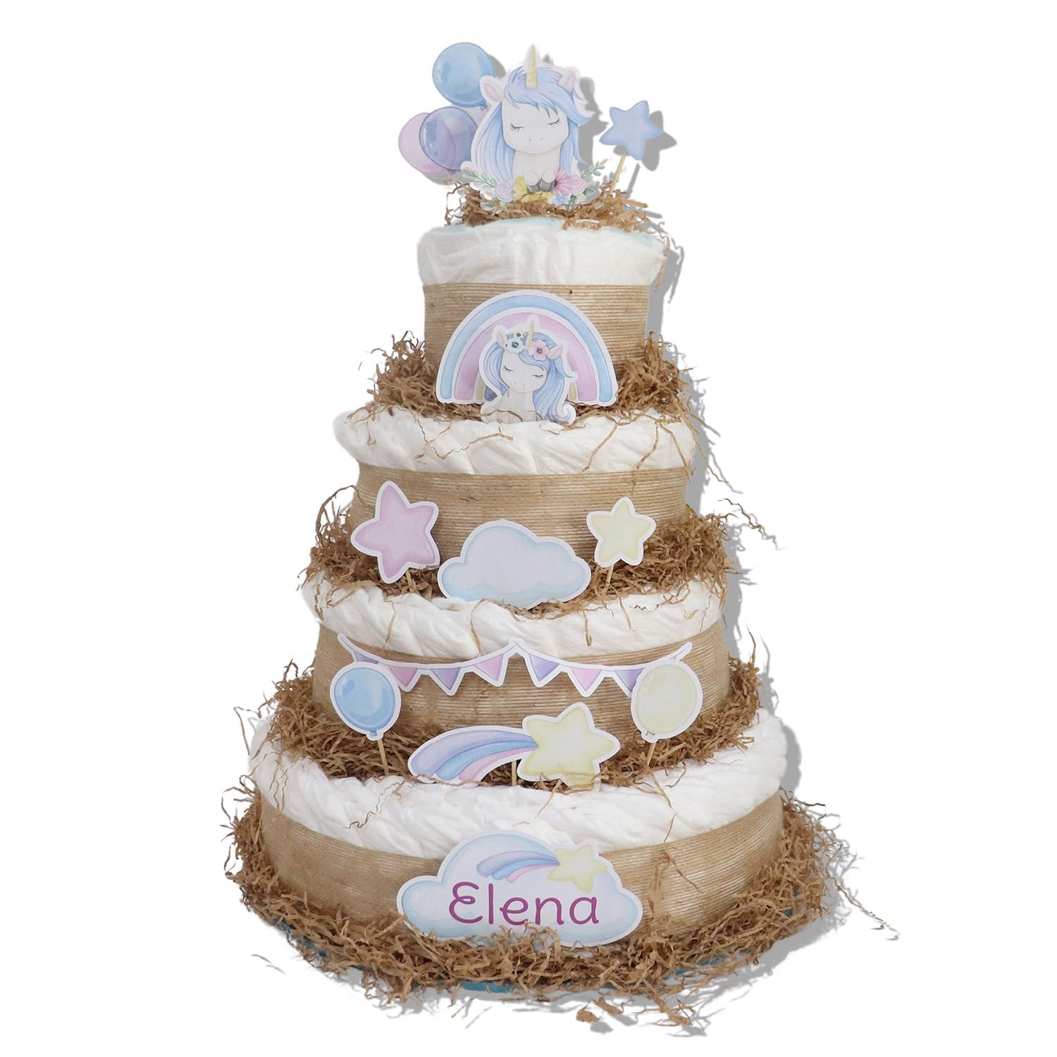 Tarta de pañales 4 pisos modelo UNICORNIOS- Regalos para recién nacido - baby shower - TARTAS DE PAÑALES Y MÁS