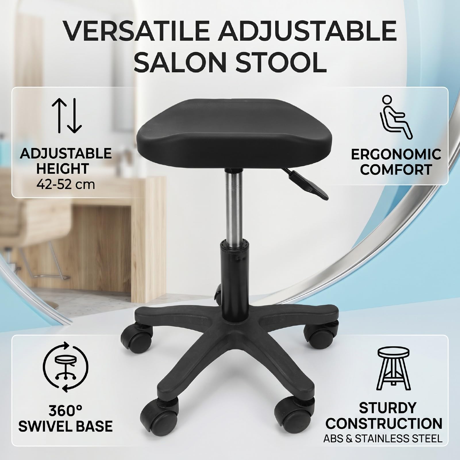 Brrnoo Sgabello per Pedicure con Rotelle Regolabile Sedia Girevole per Unghie a 360 Gradi Altezza 16,54-20,47 Pollici ABS in Acciaio Inossidabile per Uso Domestico in Salone