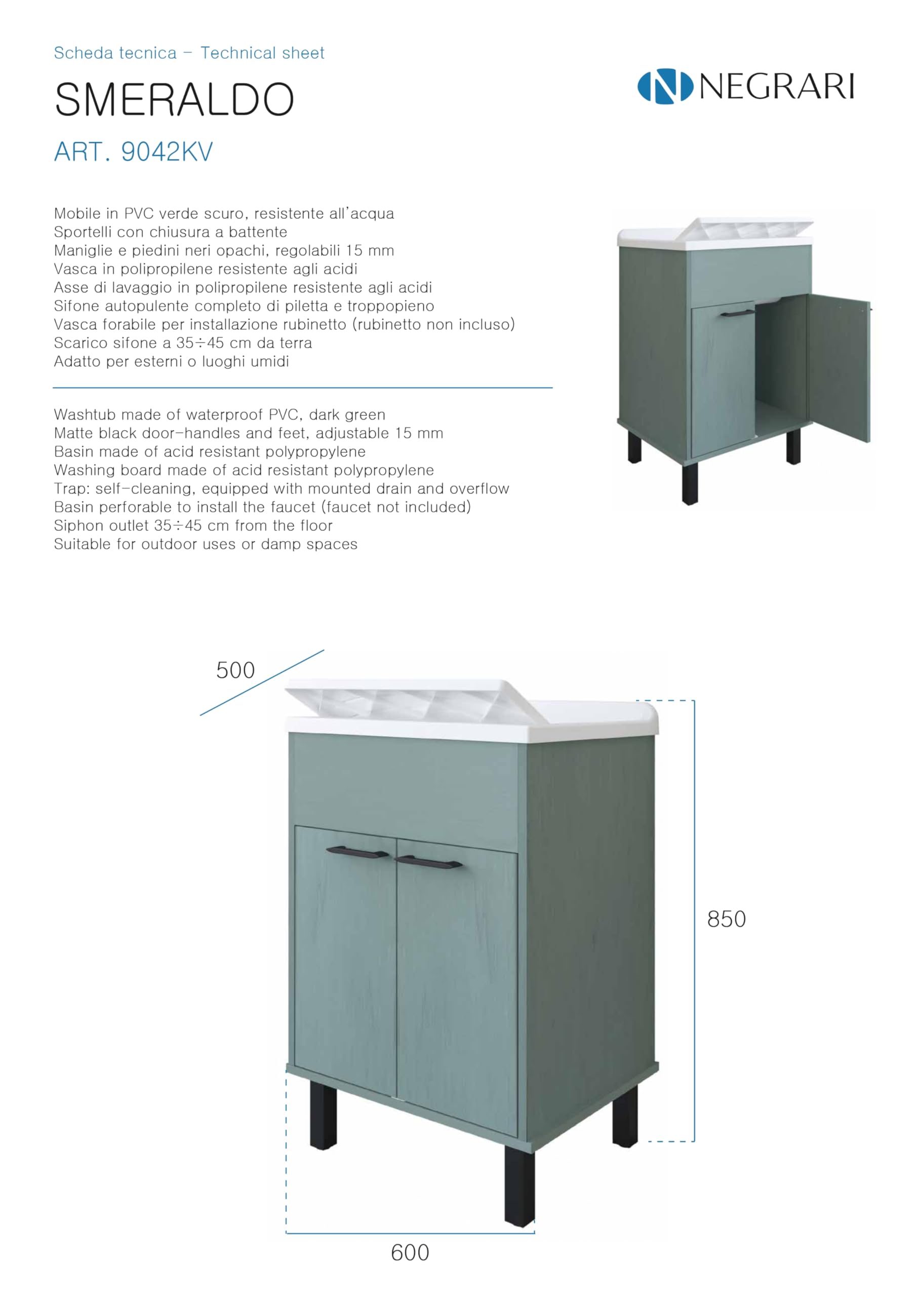 Negrari Mobile Lavatoio in PVC con vasca in PP, Resistente agli acidi di uso comune, Resistente all'umidità, Kit di scarico incluso, Interno e Esterno, L60 x P50 x H85 cm, Colore Verde Scuro