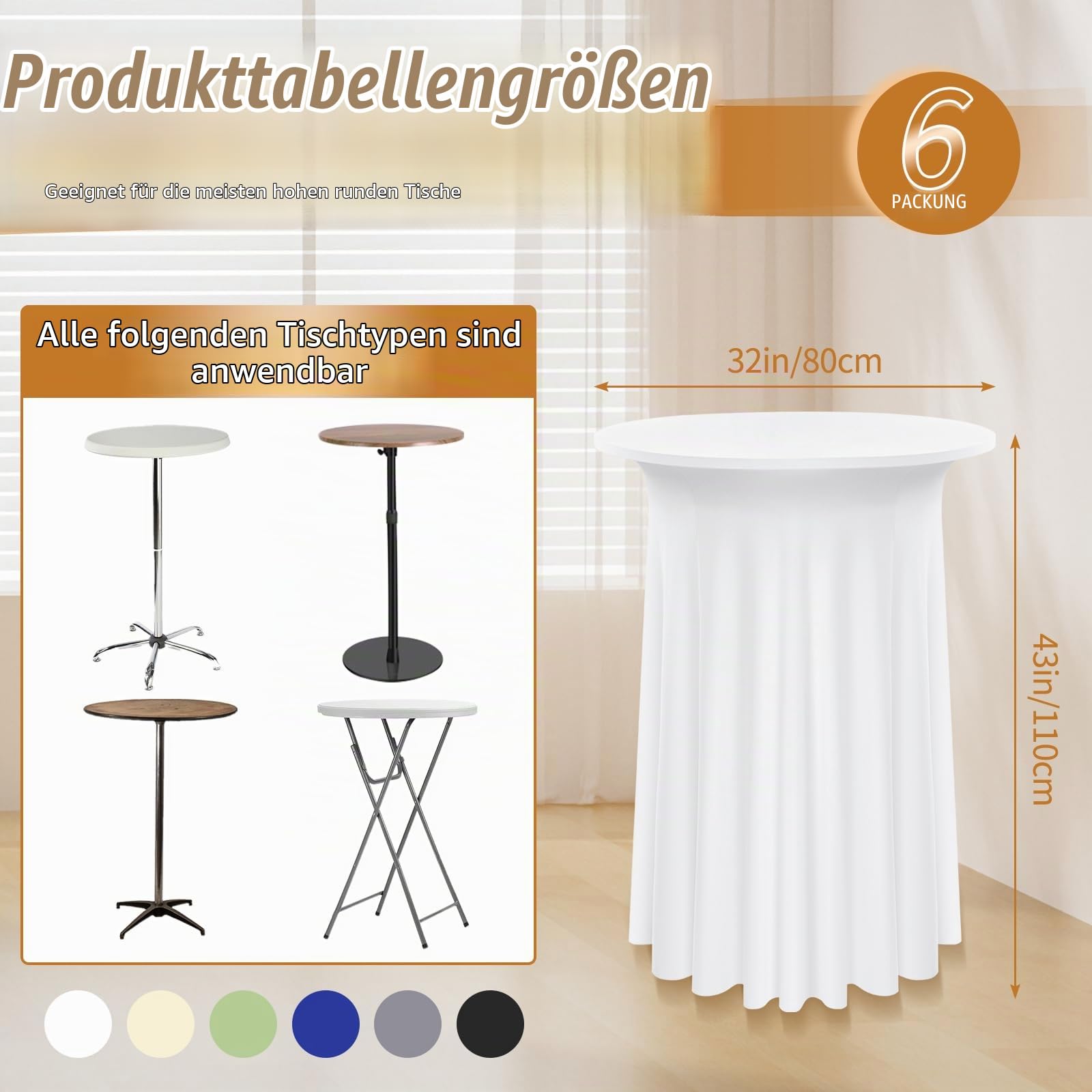 6 Packs Spandex Cocktail Tisch mit Röcken 80 x 110cm, weißer Stretch Tischdecke für Bar Hochzeit Party (weiß)