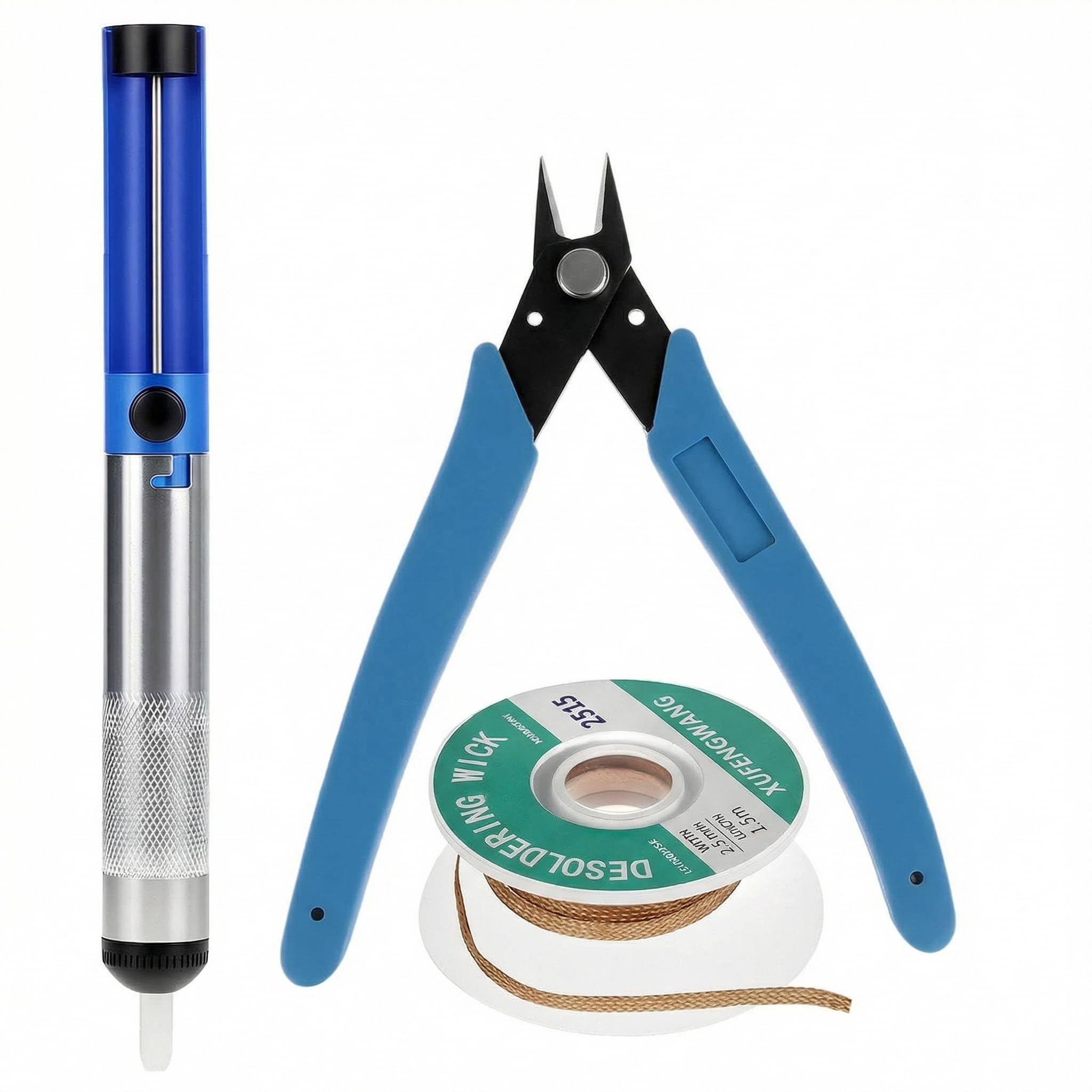 QWORK® 3 pezzi set di strumenti per la rimozione di saldature, pompa a ventosa per saldatura, stoppino dissaldante e pinze tagliafili, per elettronica fai-da-te