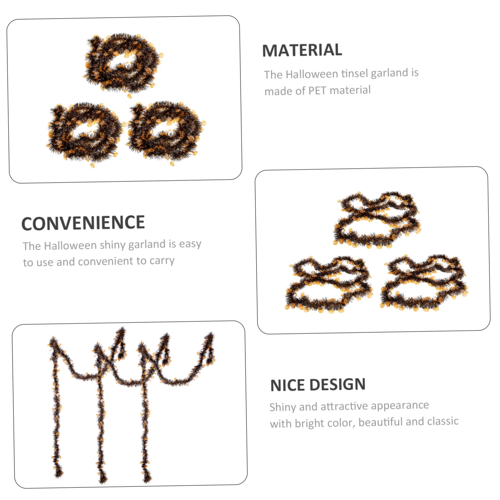 Zerodeko 3pcs Halloween Tinsel Garland Shiny Metallic Decorative Ornaments for Room and Home Decor Pumpkin Skeleton Design for Parties and Festive Celebrations