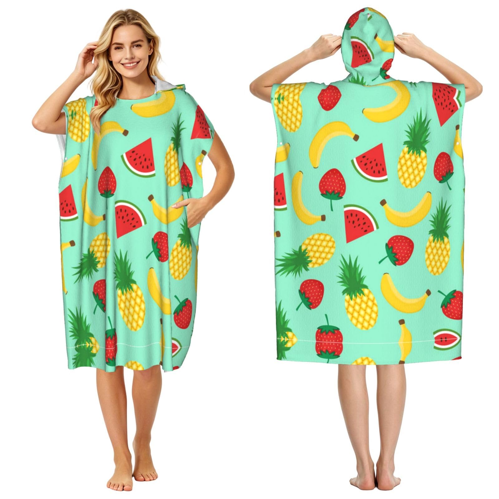 EZDLOWVBA Banana Strawberry Pineapple Print Hooded Poncho Microfiber Beach Towel,Adult Women & Men Changing Robe,Lightweight Summer Surf Swim Bath Poncho Towel