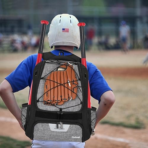 Miniatura 6 de Goloni Bolsa de béisbol juvenil,Bolsa de sóftbol con compartimento para zapatos,Mochila de béisbol con gancho de valla para bate y equipo de TBall