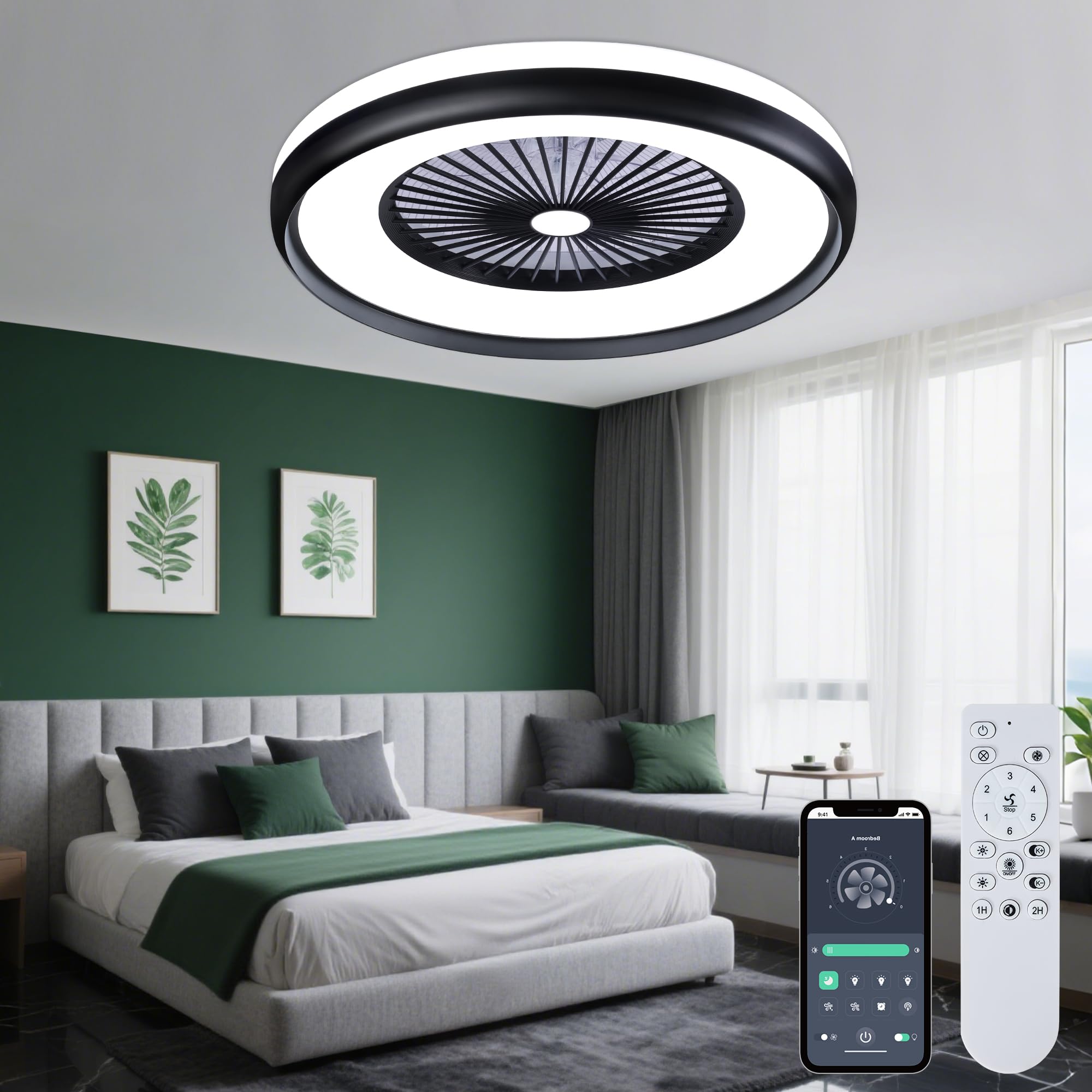 NOT TESTED 24\" Bladeless Ceiling Fan with Light Remote, Low Profile Ceiling Fans with App Control, Smart Modern Ceiling Fans with Lights, 3 Dimmable LED Light for Bedroom, Living Room Back