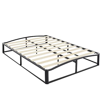 Amazon Basics Metal Platform Bed Frame with Wood Slat Support, 6 Inches High, Queen, Black